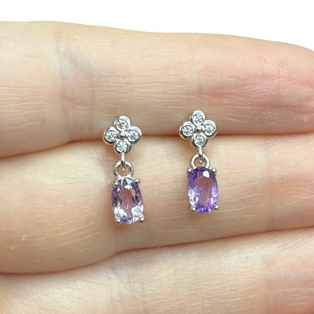 Purple clover dangle dainty amethyst earrings CZ Sterling Silver jewelry NEW
